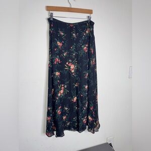 Ralph Lauren Women’s 100% Silk Black Floral A-Line Maxi Midi Skirt